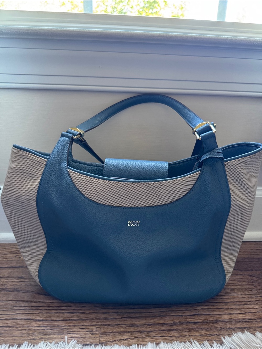 DKNY Blue and Cream Leather & Canvas Shoulder Tote